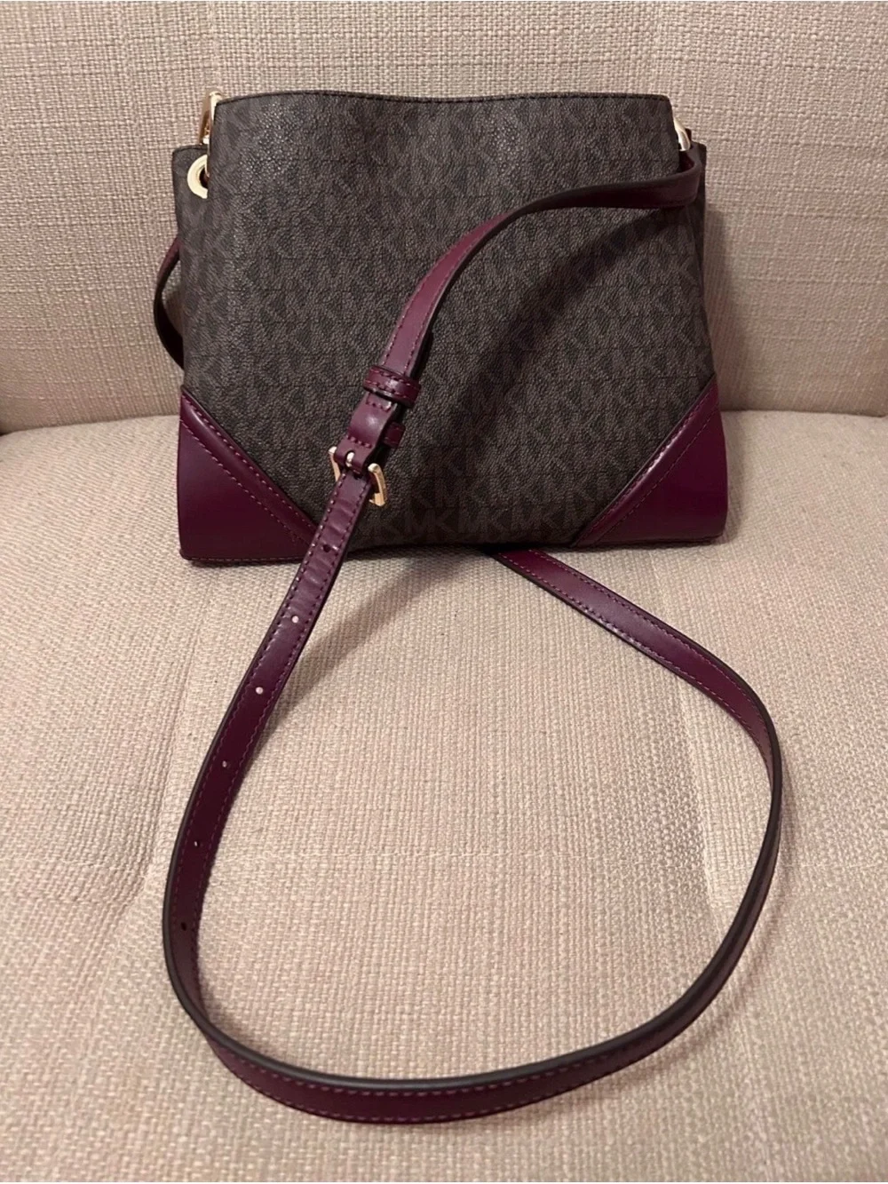 Michael Kors Brown Monogram Crossbody with Plum Accents